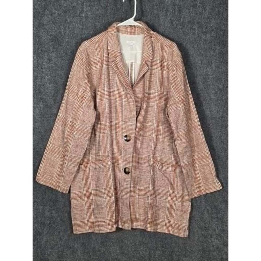 Womens‎ XL Blazer Jacket Linen Cotton Plaid Tan Brown Oversized J. Jill Trench